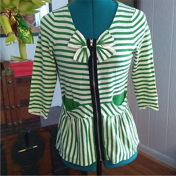 Anthropologie Moth Green & White Zipper Cardigan Size Small/P Well loved item! - Picture 1 of 9
